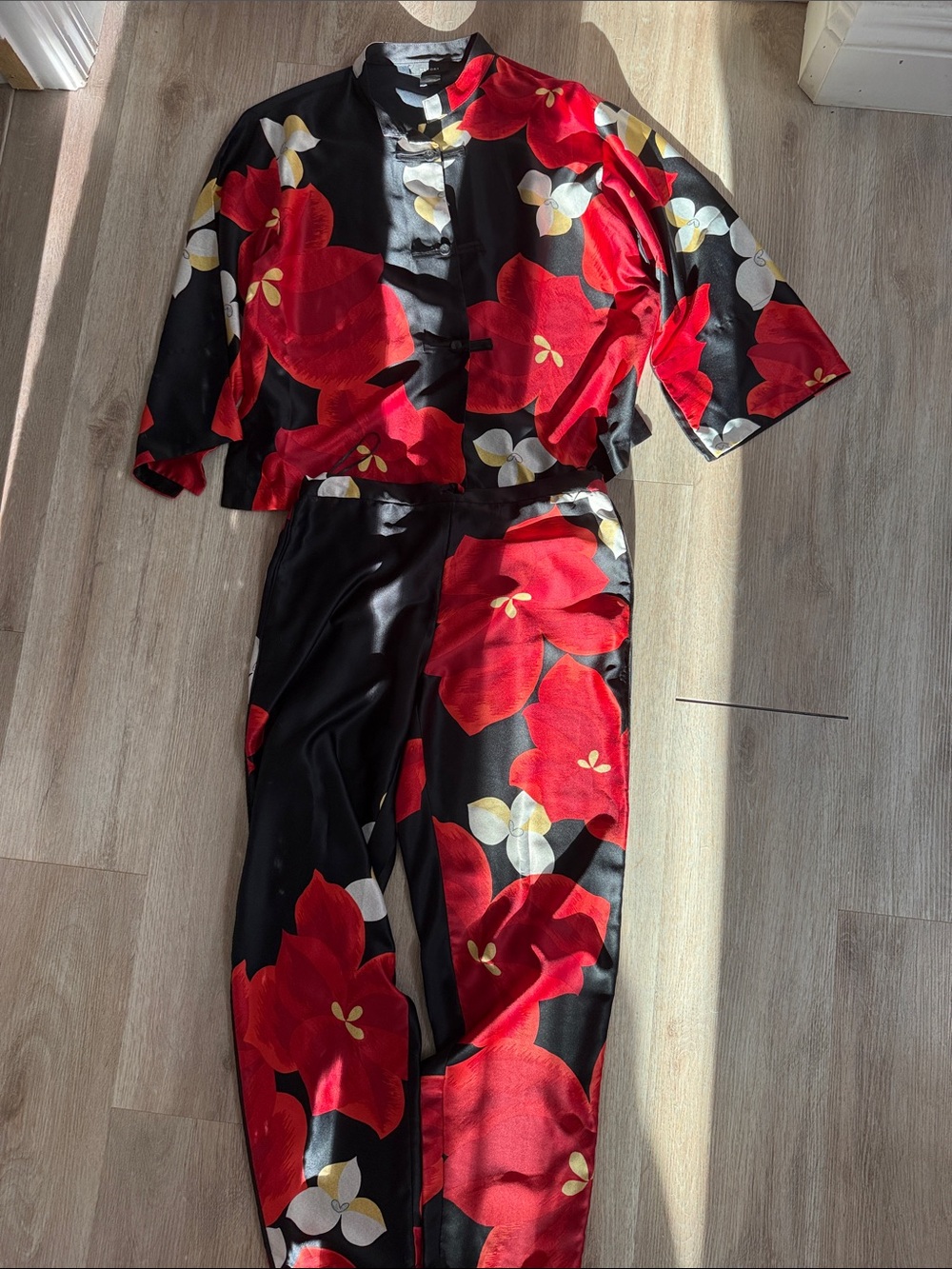 Natori Black Satin Two-Piece Pajama Set with Red Floral Print